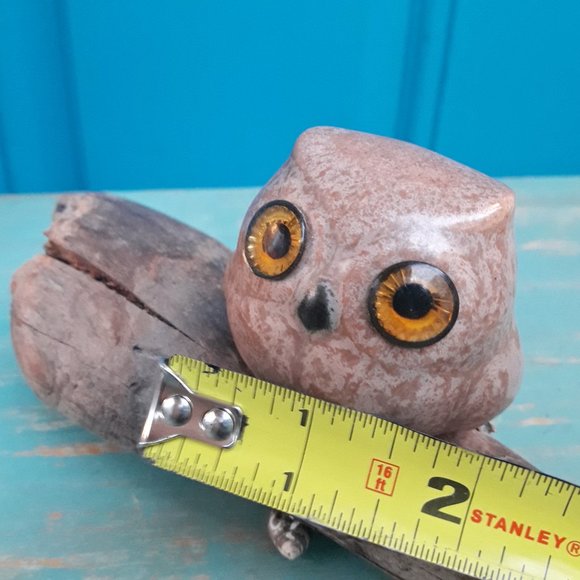 Pottery Clay Owl on Driftwood Artist Signed Glass Eyes Bird Themed Art - Picture 12 of 15